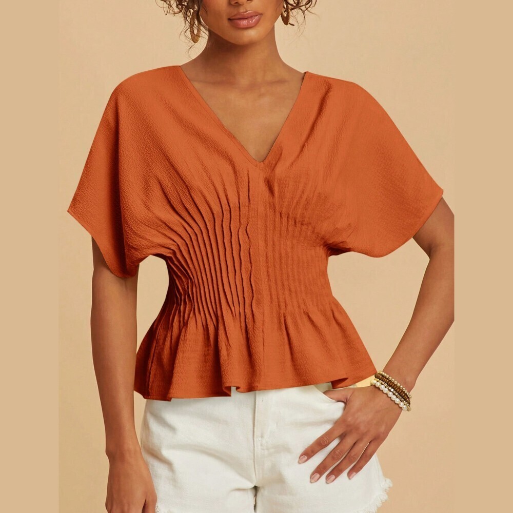 Rust Orange V-Neck Smocked Peplum Top